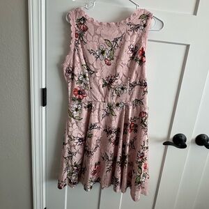 As U Wish Pink Floral Lace Fit & Flare Mini Dress - Sleeveless Scalloped Trim XL